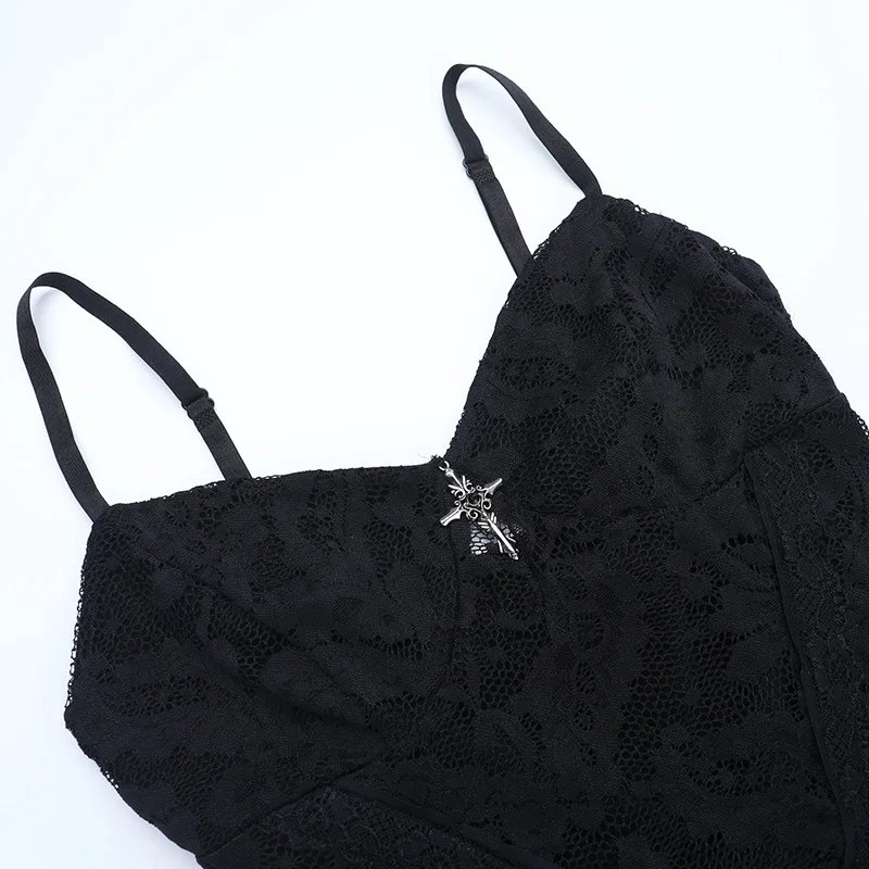 See Through Lace Hollow Out Slip Dress for Women Gothic Outfits Mall Goth Vintage Sexy Split Long Dresses Halloween