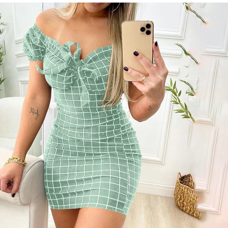 2026 Summer Sexy Off Shoulder Mini Dress Women Fashion Casual Plaid Dresses Bodycon Beach Boho Party Dress For Women Robe Femme