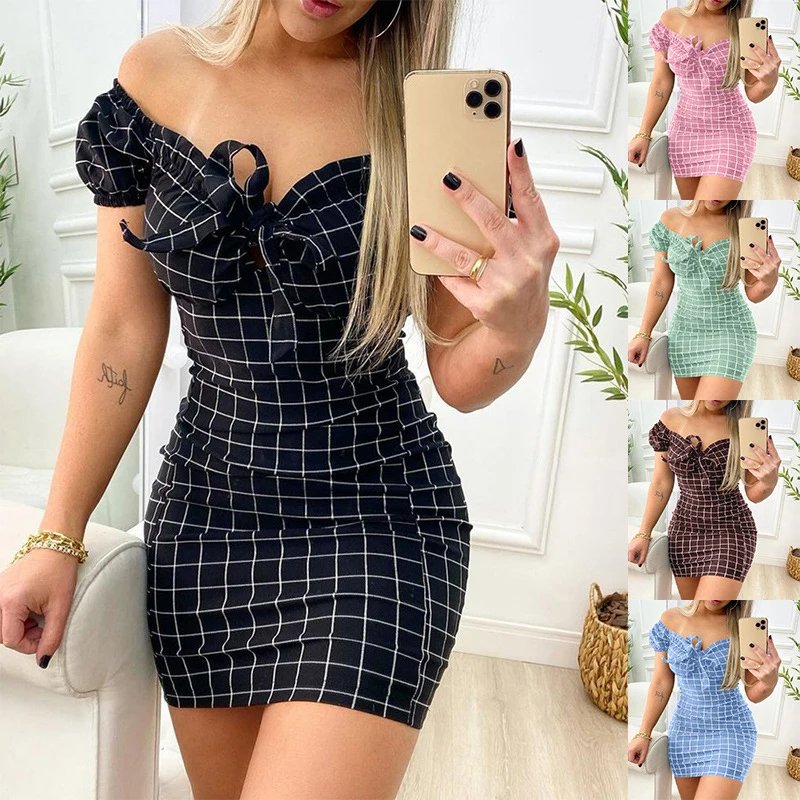 2026 Summer Sexy Off Shoulder Mini Dress Women Fashion Casual Plaid Dresses Bodycon Beach Boho Party Dress For Women Robe Femme