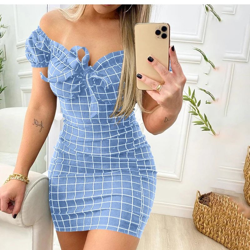 2026 Summer Sexy Off Shoulder Mini Dress Women Fashion Casual Plaid Dresses Bodycon Beach Boho Party Dress For Women Robe Femme