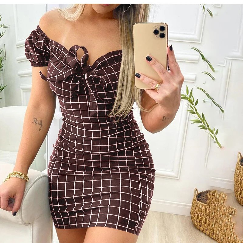 2026 Summer Sexy Off Shoulder Mini Dress Women Fashion Casual Plaid Dresses Bodycon Beach Boho Party Dress For Women Robe Femme