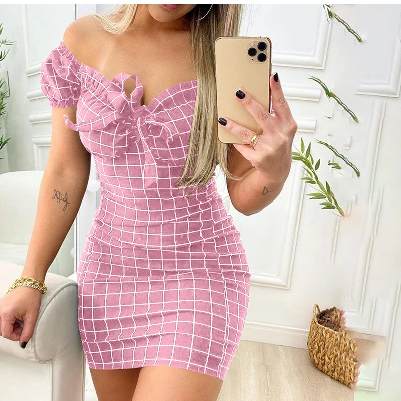 2026 Summer Sexy Off Shoulder Mini Dress Women Fashion Casual Plaid Dresses Bodycon Beach Boho Party Dress For Women Robe Femme