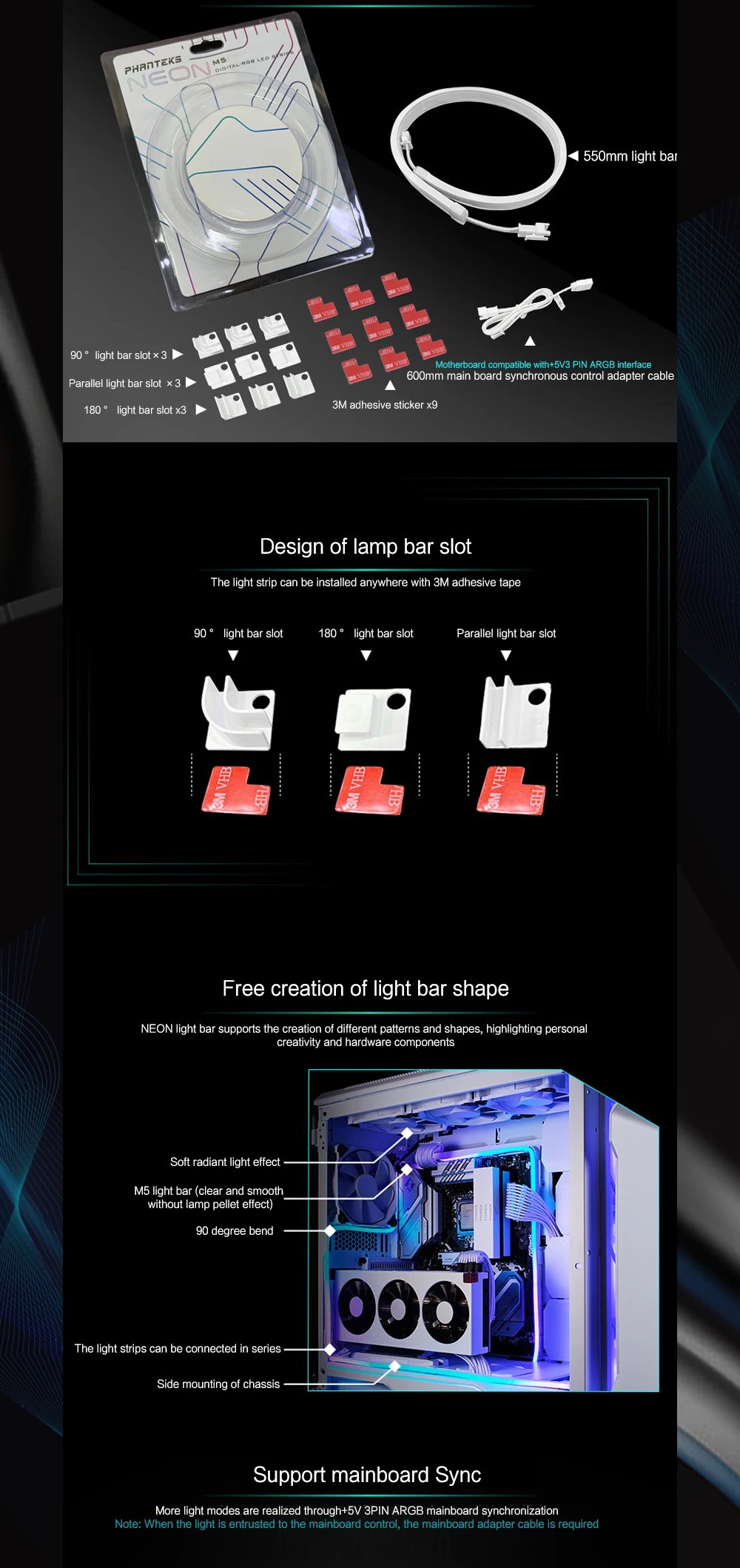 Phanteks RGB Combo Light Strip Neon For PC Case Decoration LED Strip 5V 3PIN MOBO AURA SYNC M1/ M5 40cm/55cm/100cm