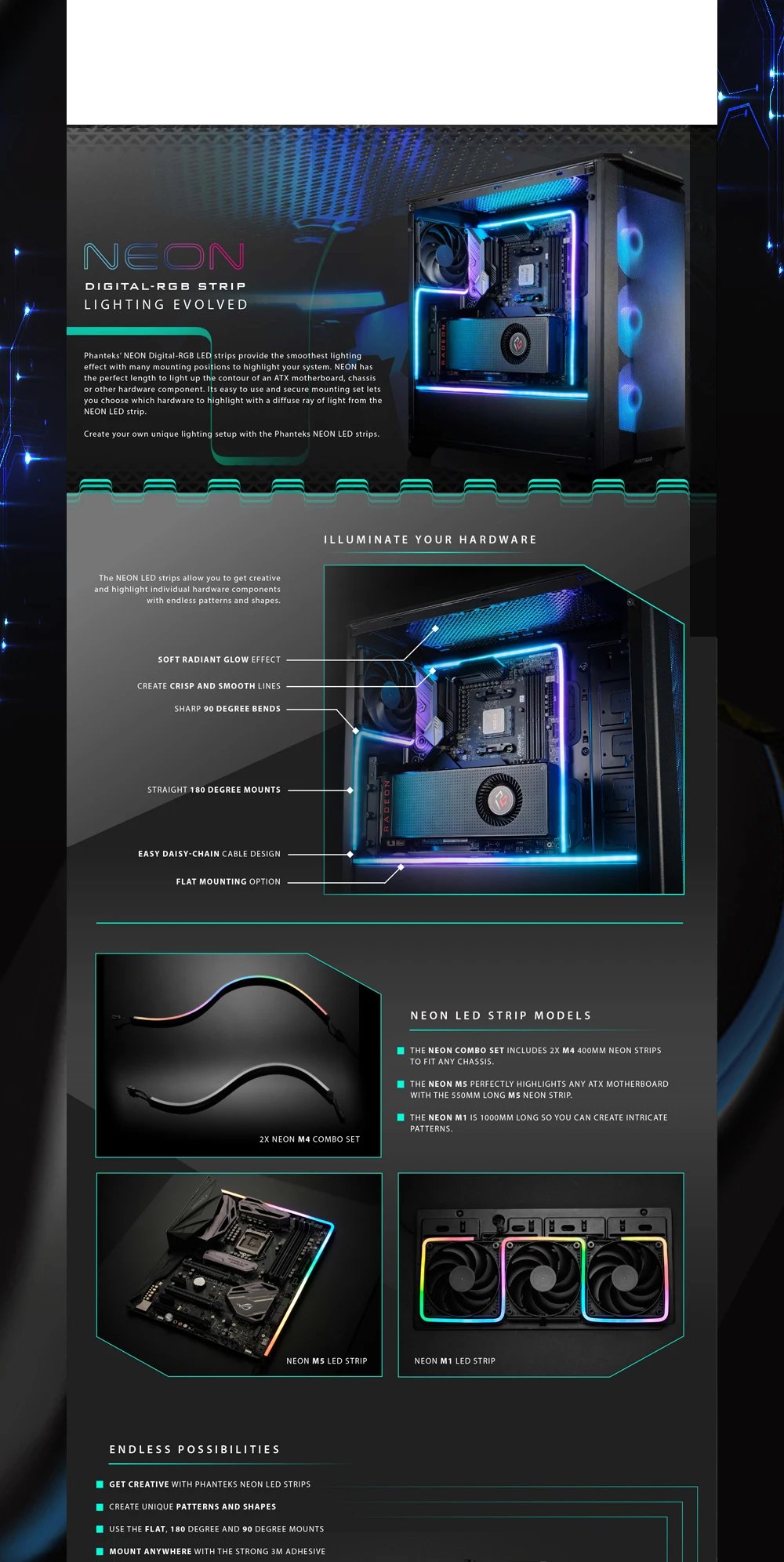 Phanteks RGB Combo Light Strip Neon For PC Case Decoration LED Strip 5V 3PIN MOBO AURA SYNC M1/ M5 40cm/55cm/100cm
