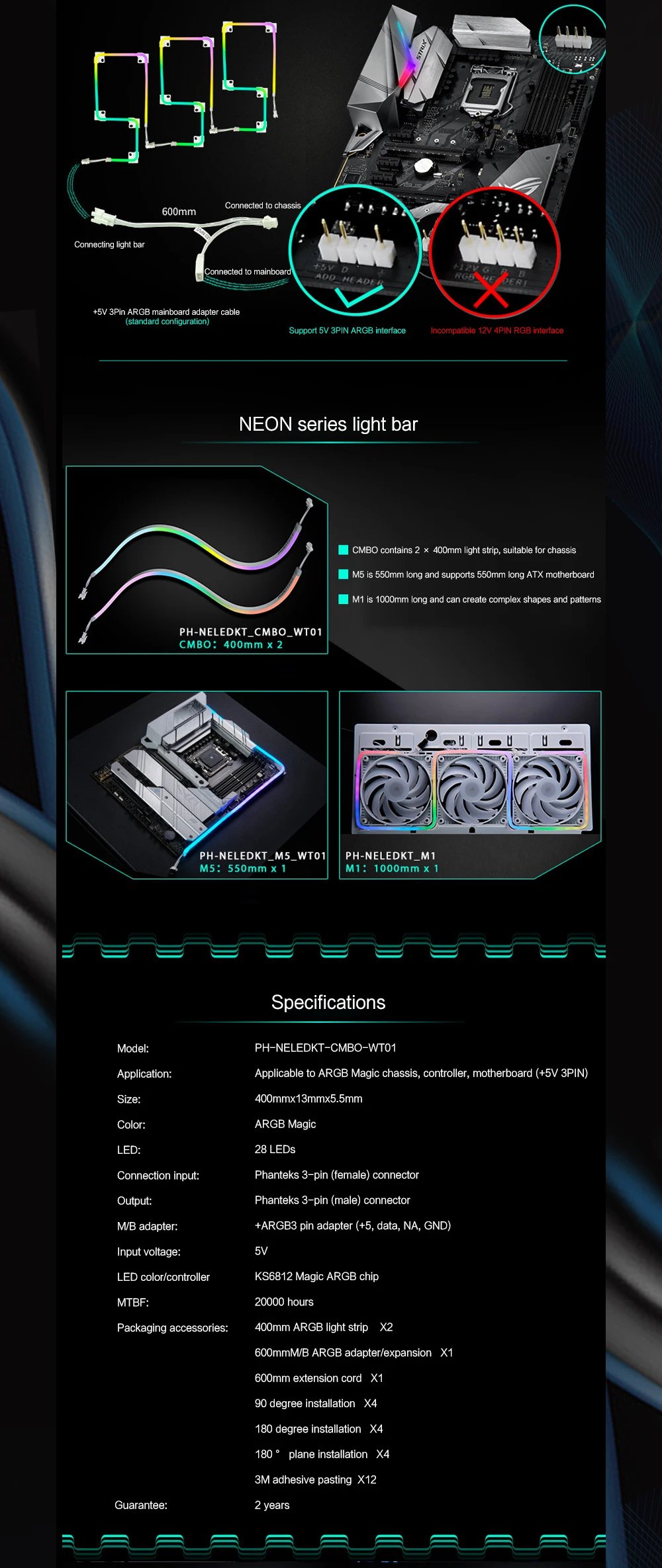 Phanteks RGB Combo Light Strip Neon For PC Case Decoration LED Strip 5V 3PIN MOBO AURA SYNC M1/ M5 40cm/55cm/100cm