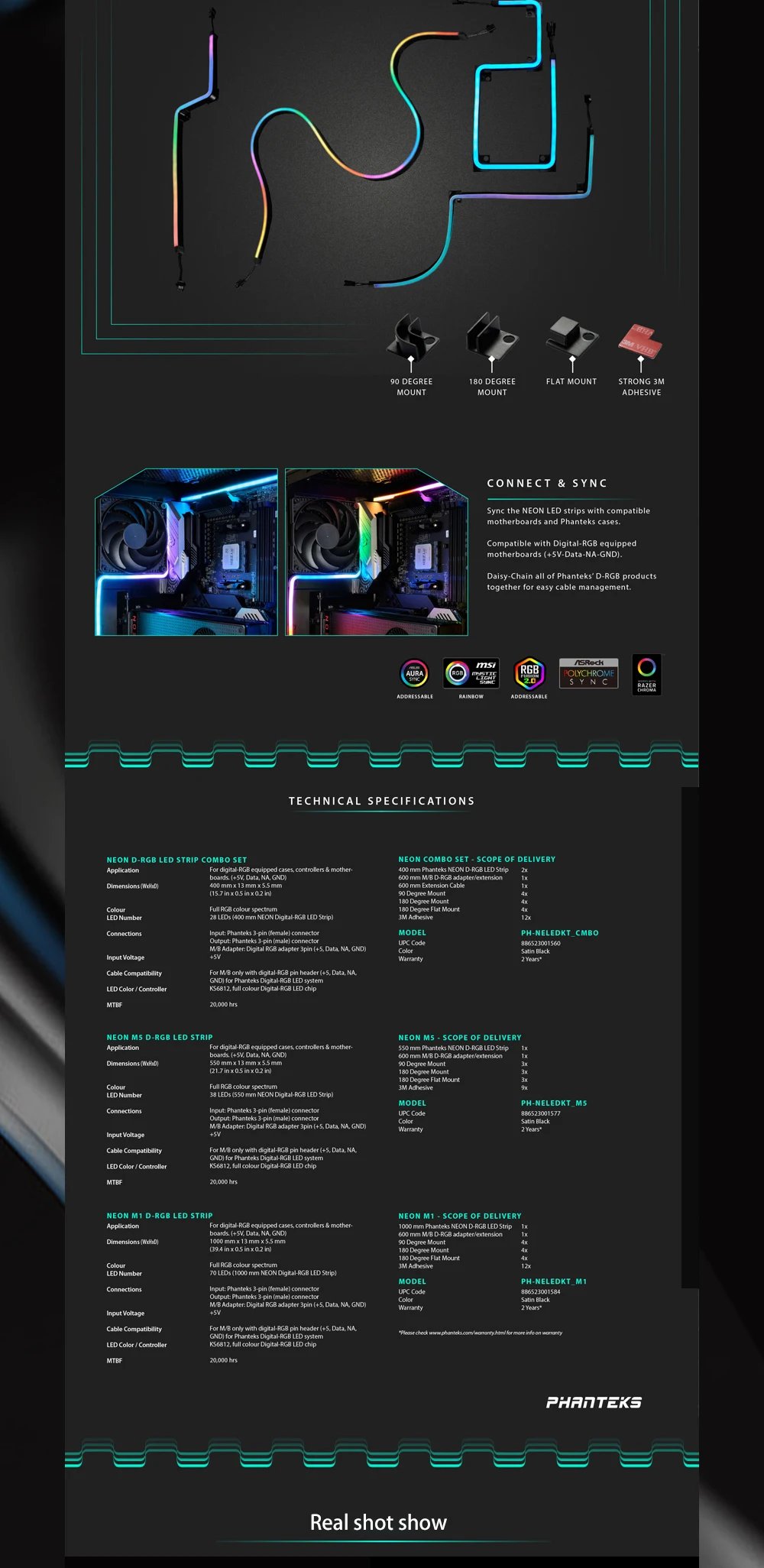 Phanteks RGB Combo Light Strip Neon For PC Case Decoration LED Strip 5V 3PIN MOBO AURA SYNC M1/ M5 40cm/55cm/100cm