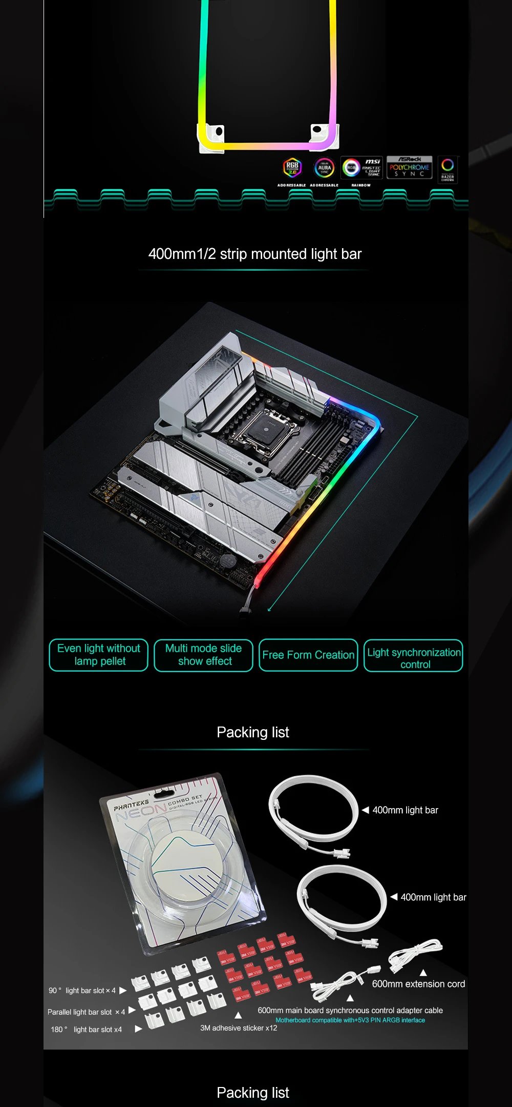 Phanteks RGB Combo Light Strip Neon For PC Case Decoration LED Strip 5V 3PIN MOBO AURA SYNC M1/ M5 40cm/55cm/100cm