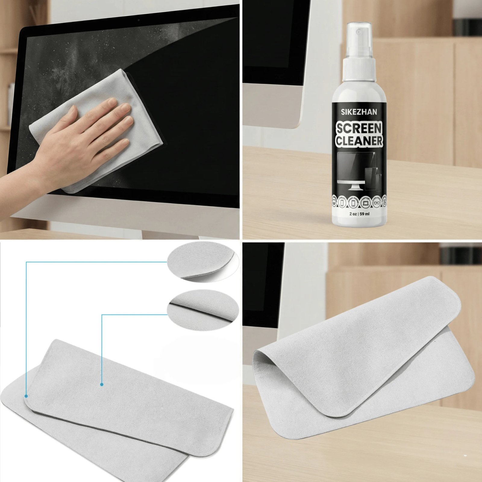 SIKEZHAN Screen Cleaner Kit with Polishing Cloth - Streak-Free Spray for MacBook, iPad, iPhone, Laptop, Monitor & TV (2oz)