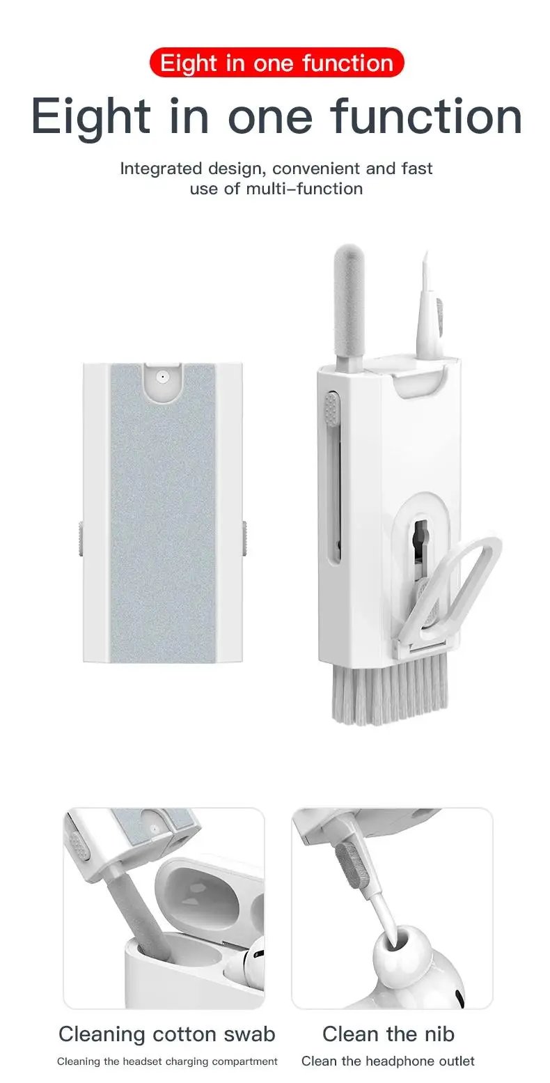 8-In-1 Cleaner Kit Computer Keyboard Brush Earphones Cleaning Pen Screen Cleaning Spray Bottle Cleaning Tools Set Keycap Puller