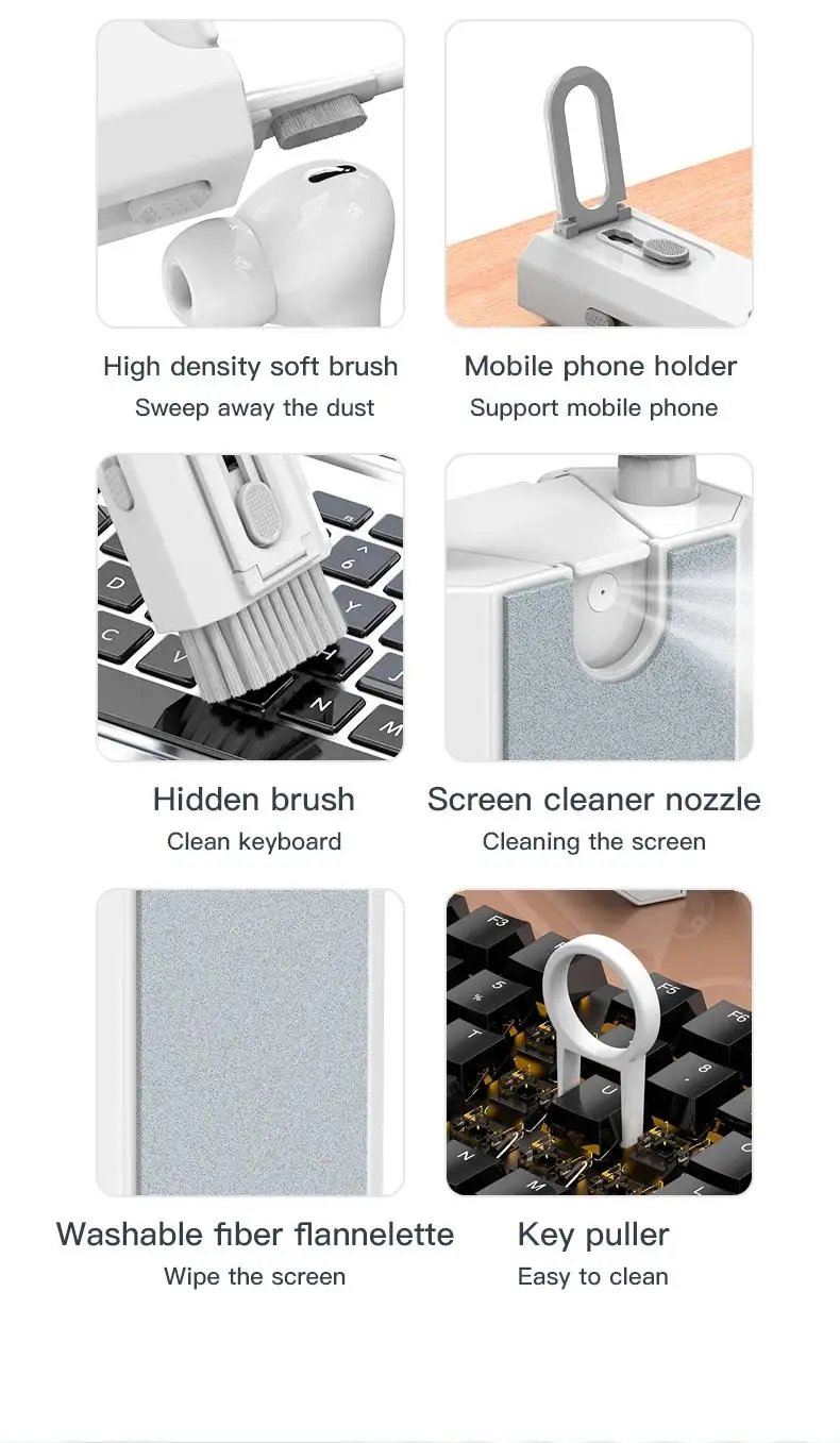 8-In-1 Cleaner Kit Computer Keyboard Brush Earphones Cleaning Pen Screen Cleaning Spray Bottle Cleaning Tools Set Keycap Puller