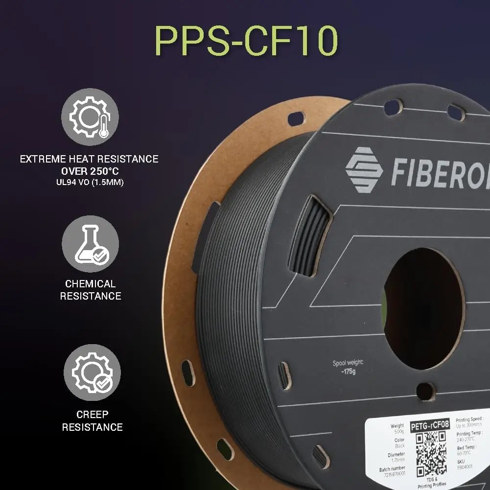 Polymaker Fiberon PPS-CF10 Filament Black 1.75mm 0.5kg, Extreme Heat Resistance - Fiberon Carbon Fiber Reinforced PPS