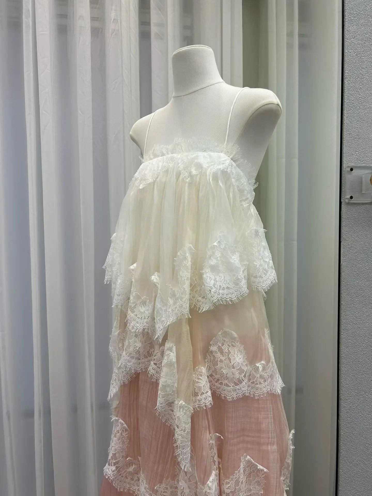 Lace Stitching Layered Ladies Sling Robe Backless Sleeveless High Waist Elegant Ladies Irregular Maxi Dress