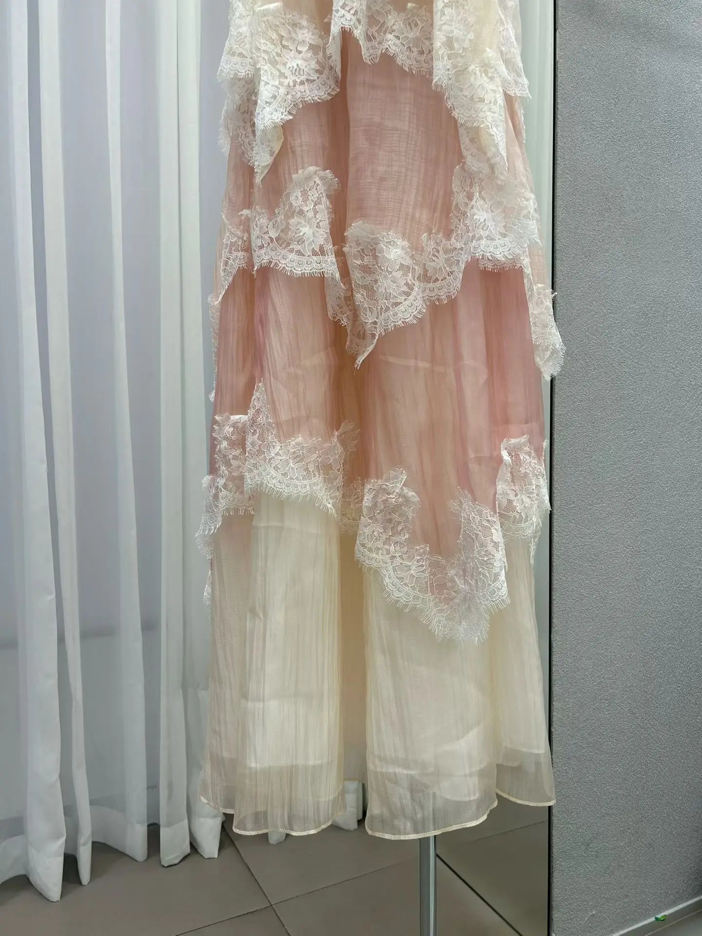 Lace Stitching Layered Ladies Sling Robe Backless Sleeveless High Waist Elegant Ladies Irregular Maxi Dress