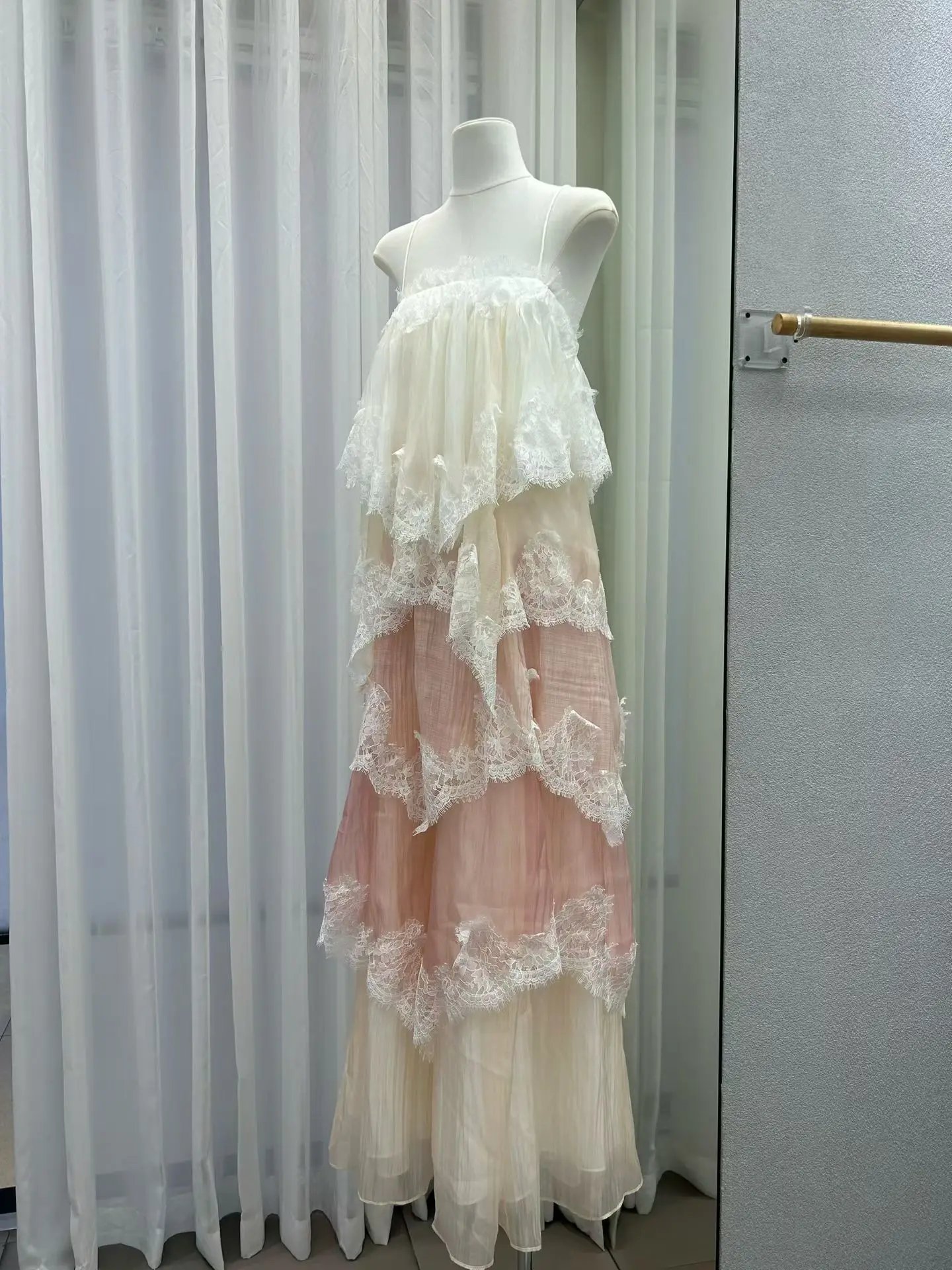 Lace Stitching Layered Ladies Sling Robe Backless Sleeveless High Waist Elegant Ladies Irregular Maxi Dress