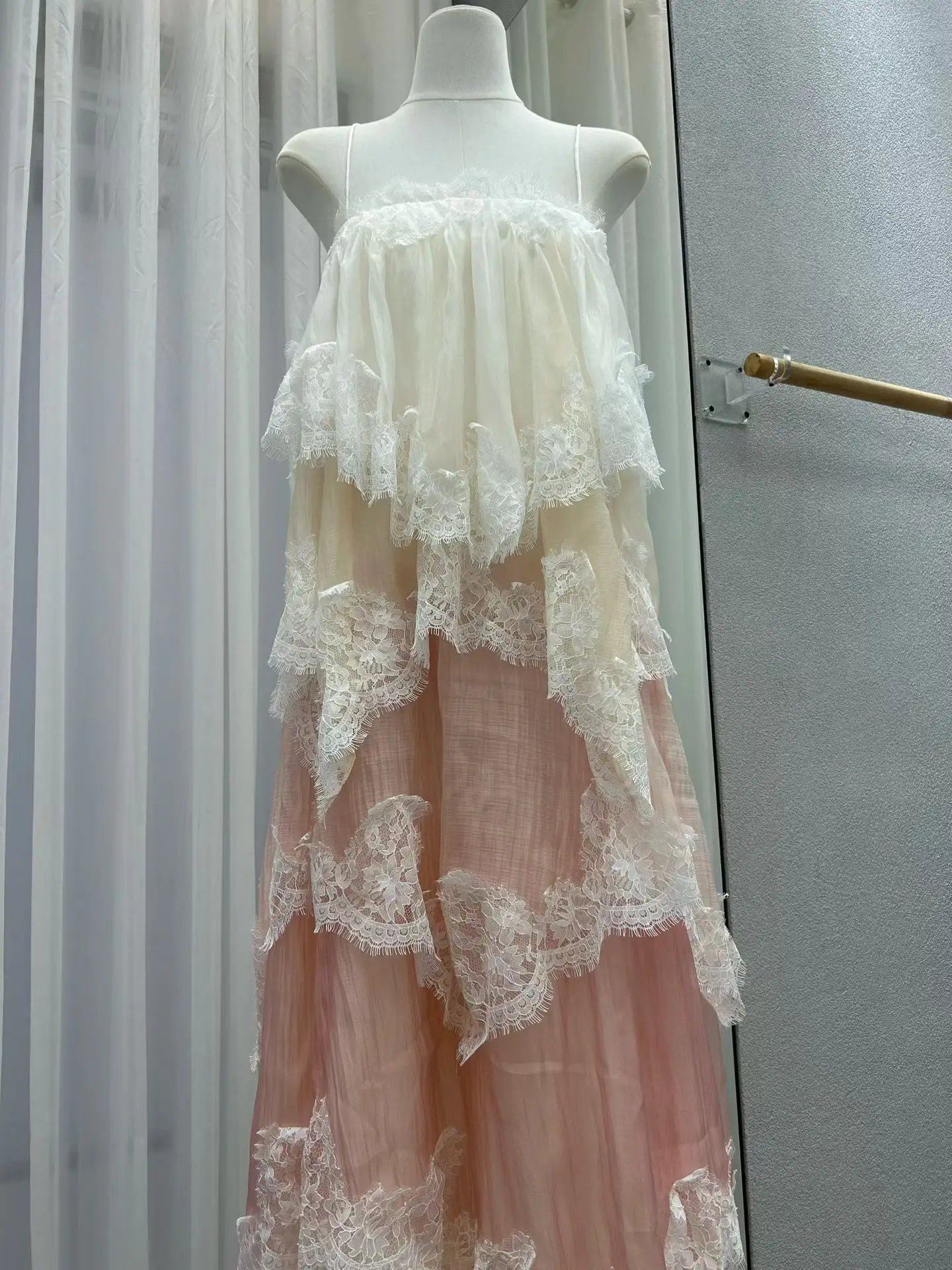 Lace Stitching Layered Ladies Sling Robe Backless Sleeveless High Waist Elegant Ladies Irregular Maxi Dress