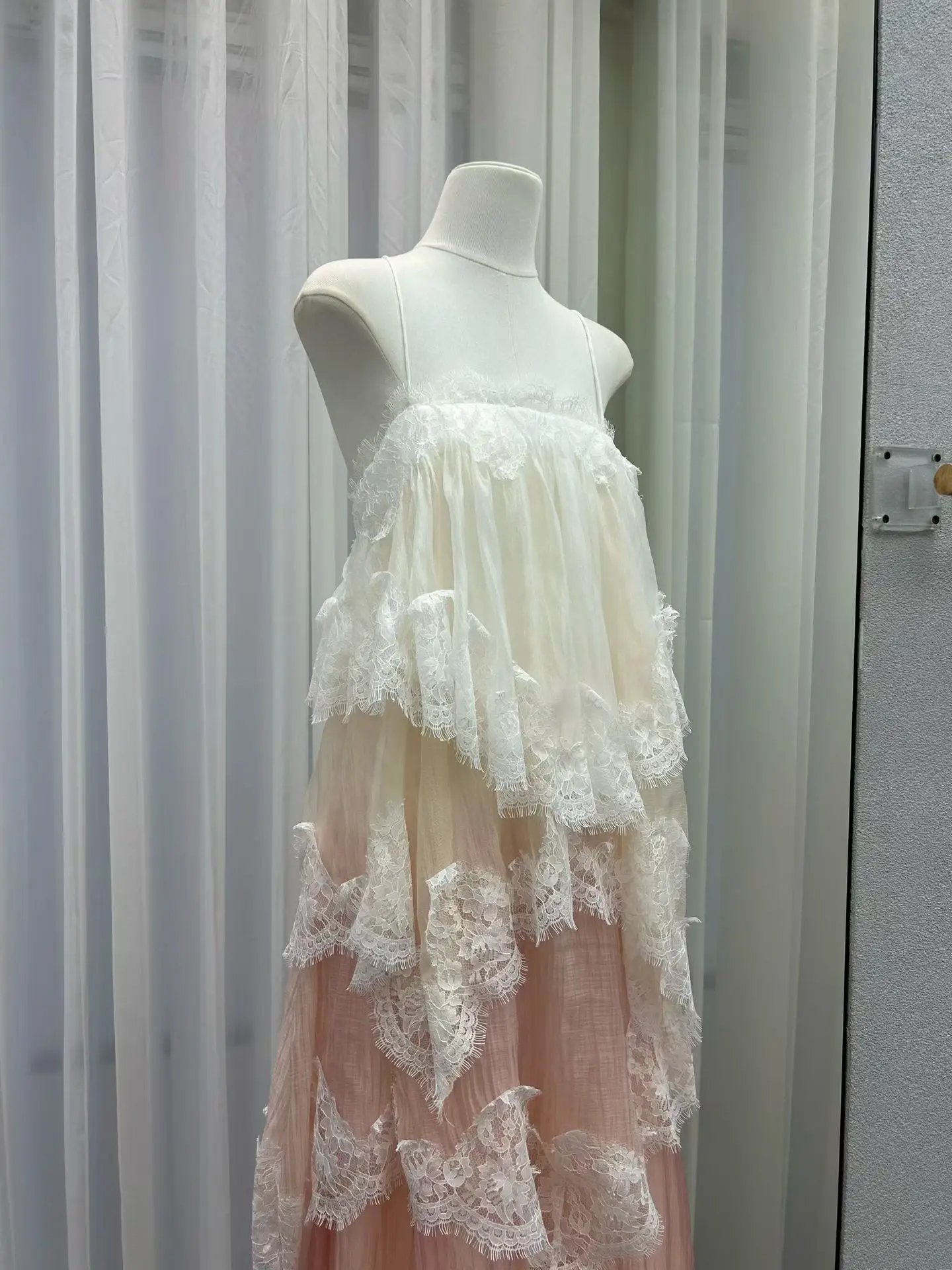 Lace Stitching Layered Ladies Sling Robe Backless Sleeveless High Waist Elegant Ladies Irregular Maxi Dress