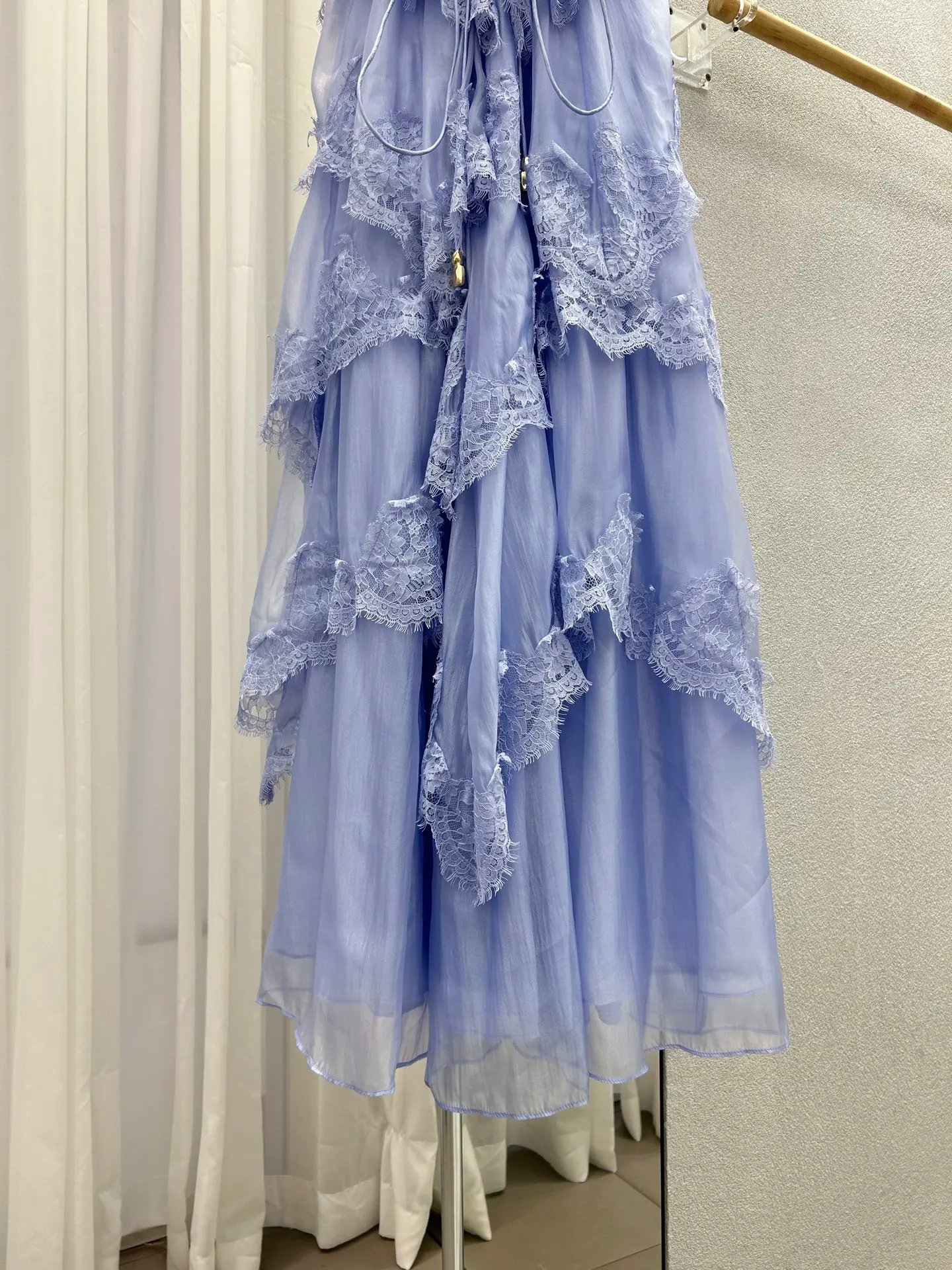 Lace Stitching Layered Ladies Sling Robe Backless Sleeveless High Waist Elegant Ladies Irregular Maxi Dress