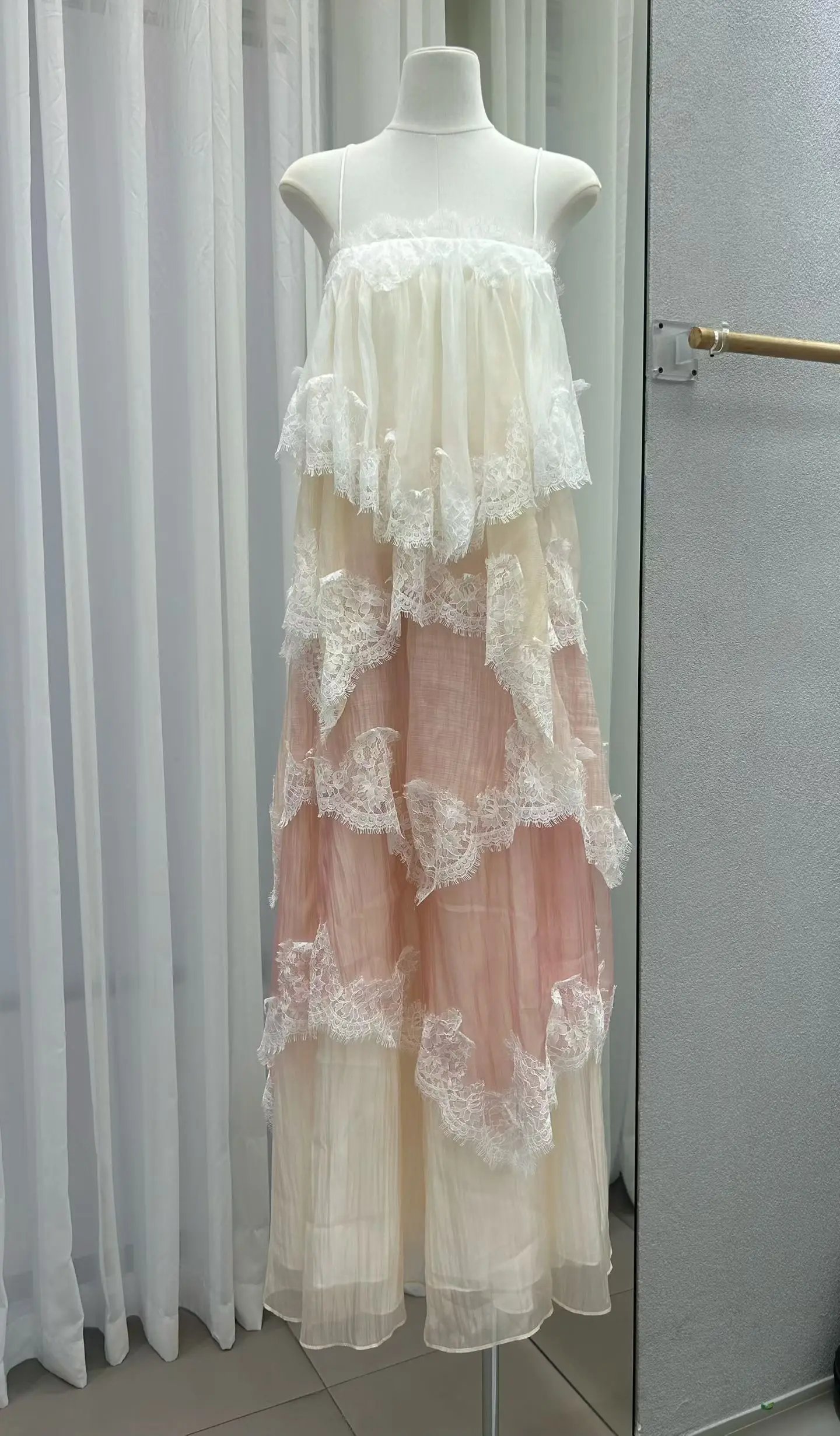 Lace Stitching Layered Ladies Sling Robe Backless Sleeveless High Waist Elegant Ladies Irregular Maxi Dress