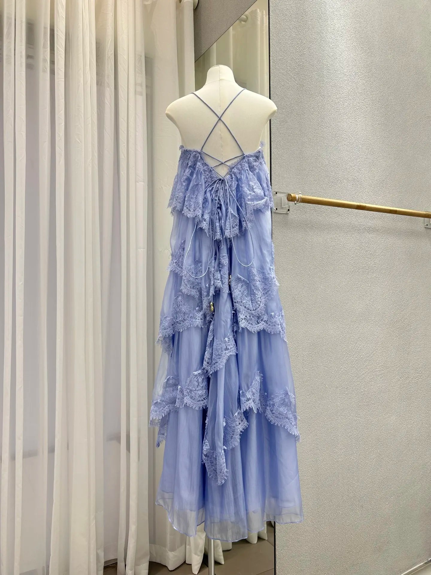 Lace Stitching Layered Ladies Sling Robe Backless Sleeveless High Waist Elegant Ladies Irregular Maxi Dress