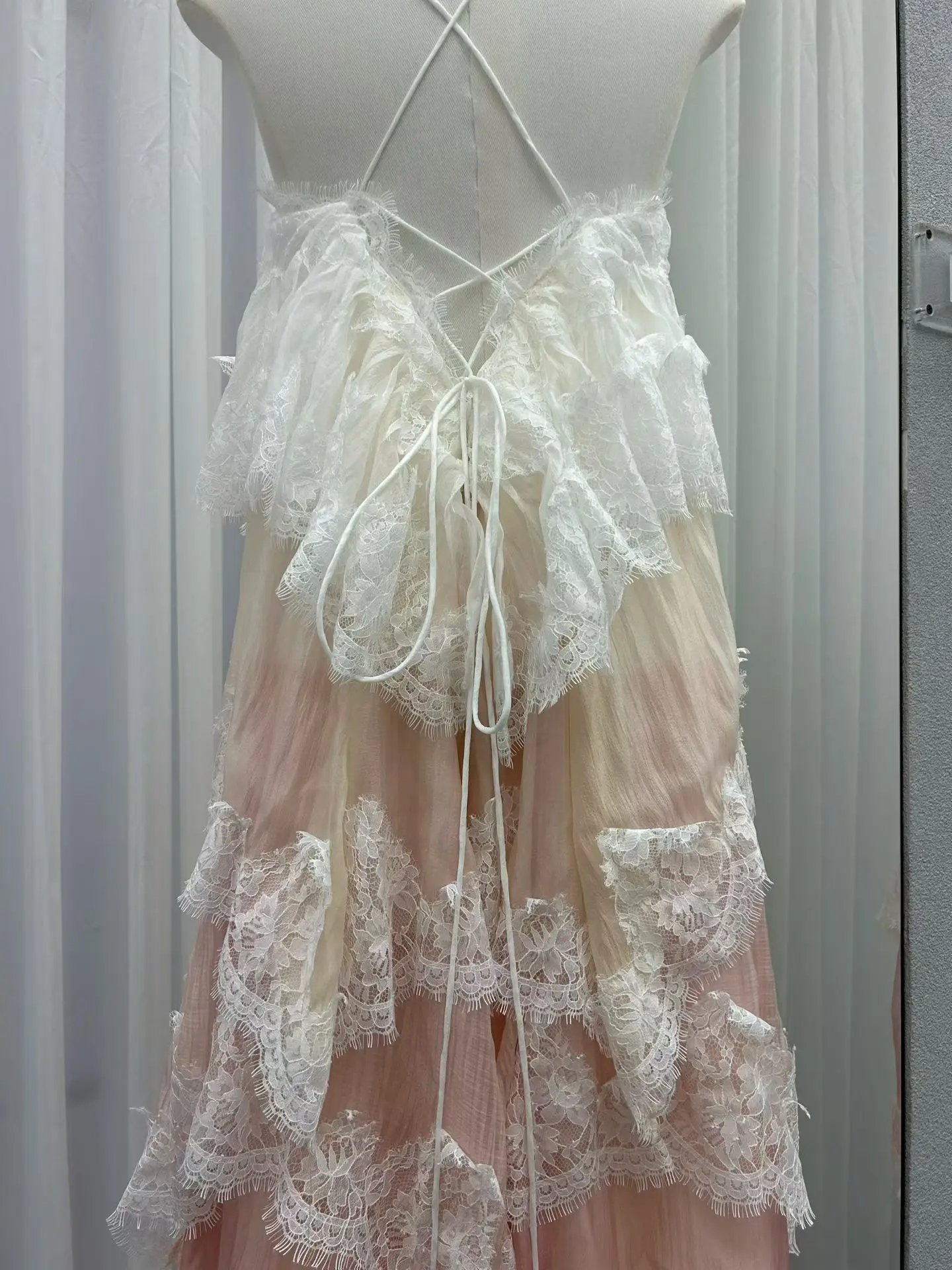 Lace Stitching Layered Ladies Sling Robe Backless Sleeveless High Waist Elegant Ladies Irregular Maxi Dress