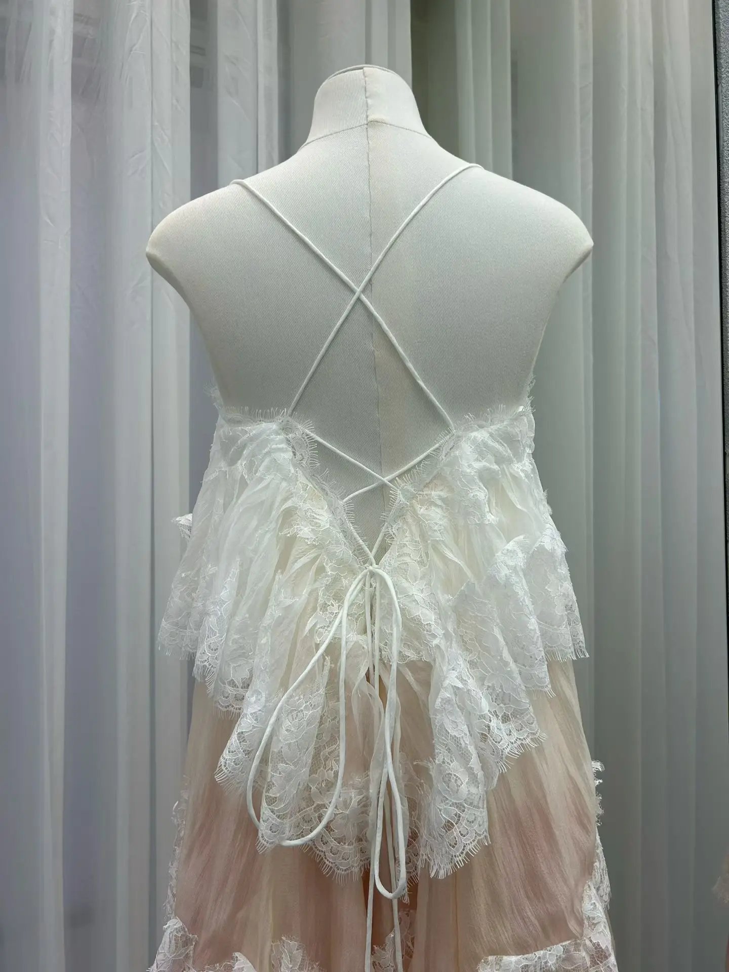 Lace Stitching Layered Ladies Sling Robe Backless Sleeveless High Waist Elegant Ladies Irregular Maxi Dress