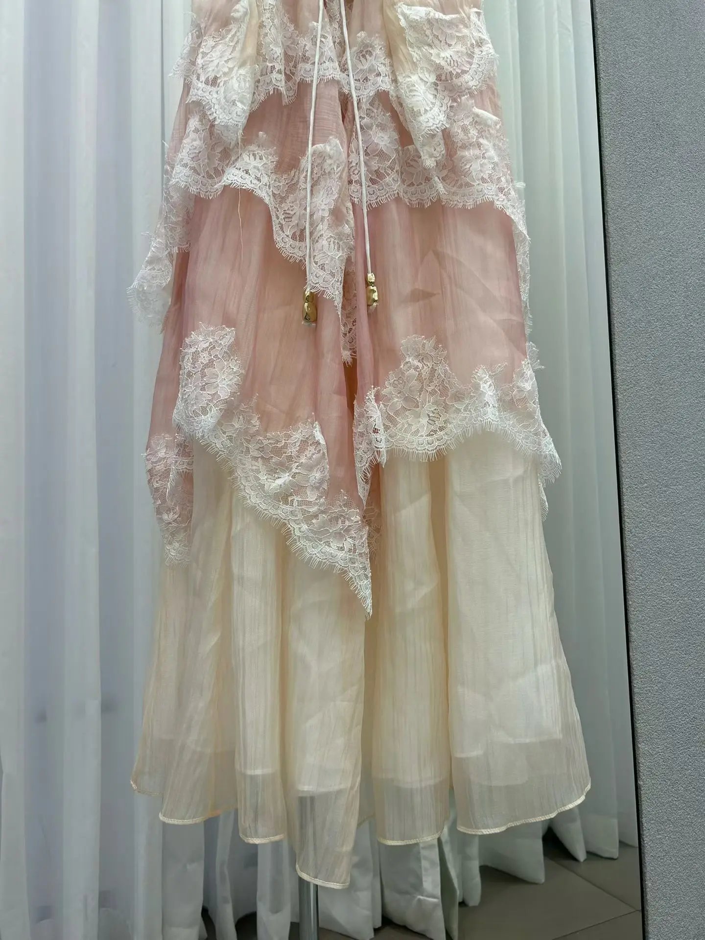 Lace Stitching Layered Ladies Sling Robe Backless Sleeveless High Waist Elegant Ladies Irregular Maxi Dress