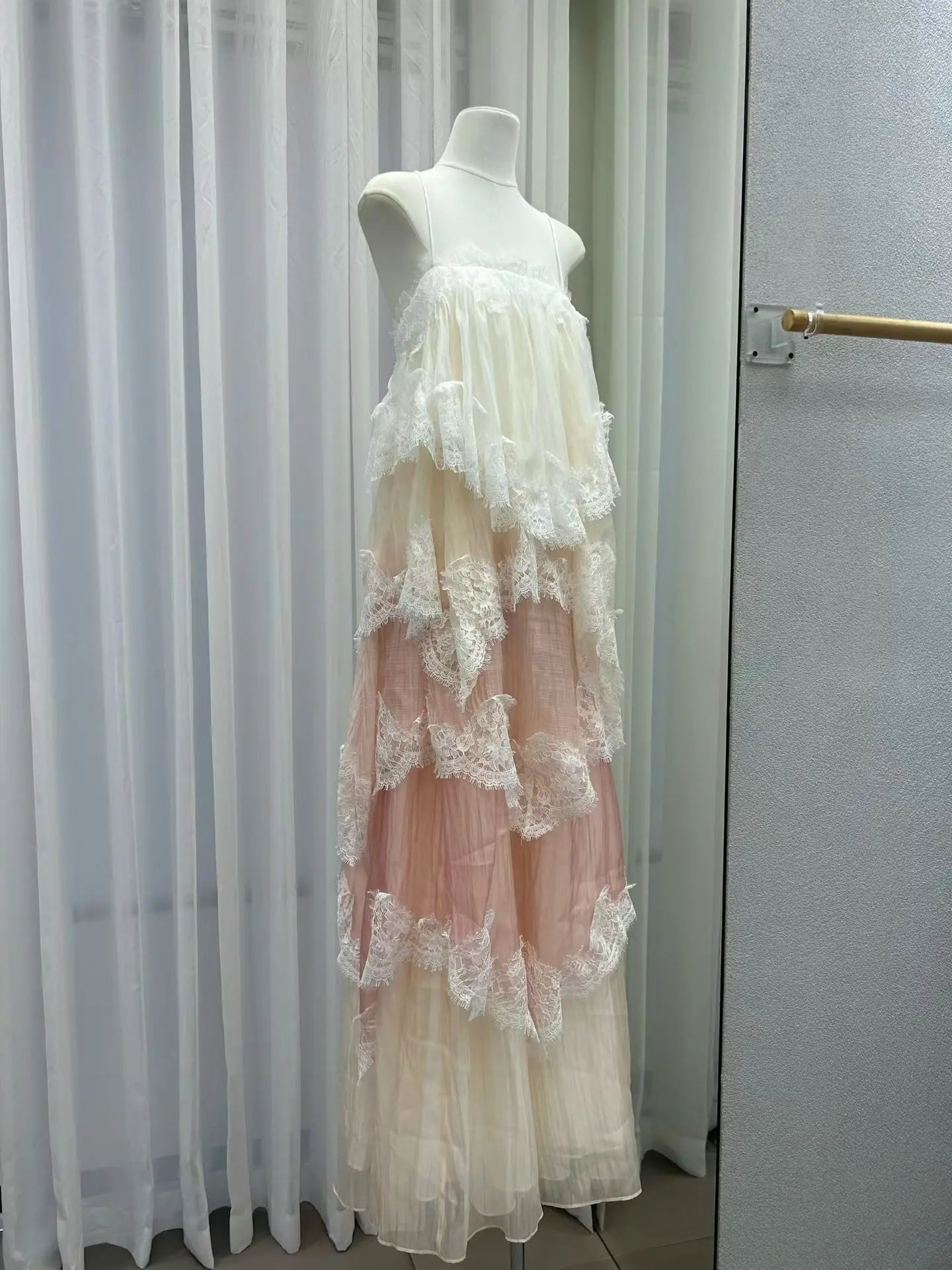 Lace Stitching Layered Ladies Sling Robe Backless Sleeveless High Waist Elegant Ladies Irregular Maxi Dress