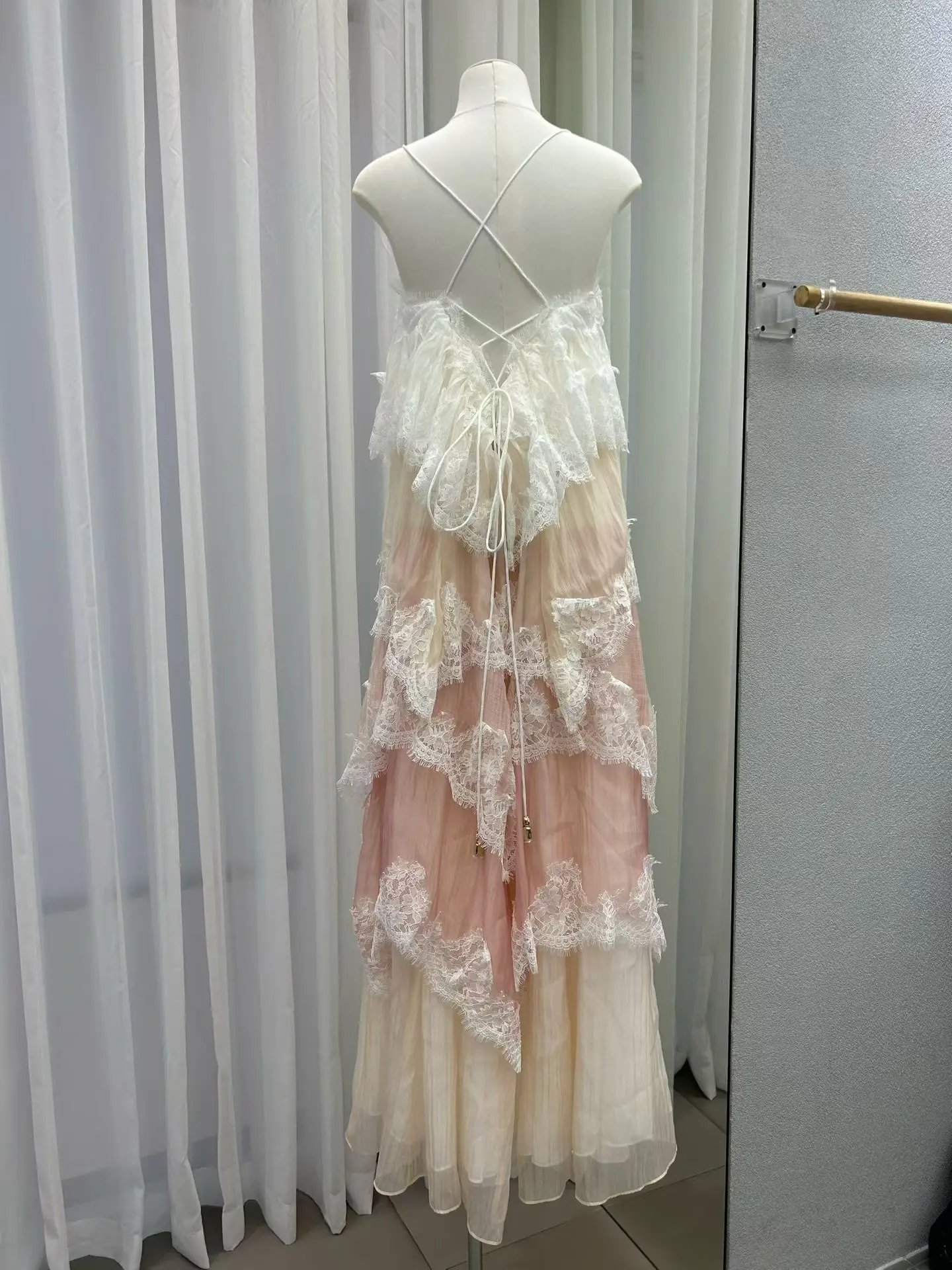 Lace Stitching Layered Ladies Sling Robe Backless Sleeveless High Waist Elegant Ladies Irregular Maxi Dress