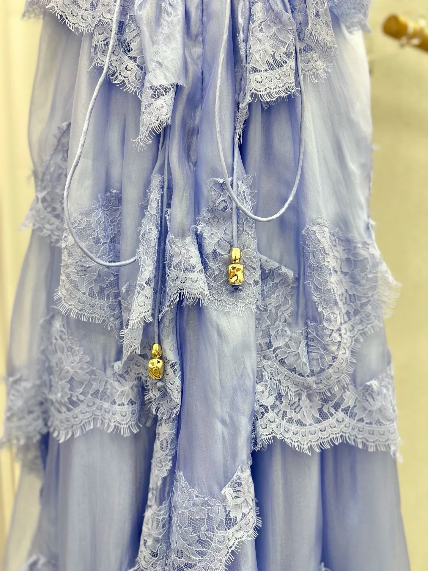 Lace Stitching Layered Ladies Sling Robe Backless Sleeveless High Waist Elegant Ladies Irregular Maxi Dress