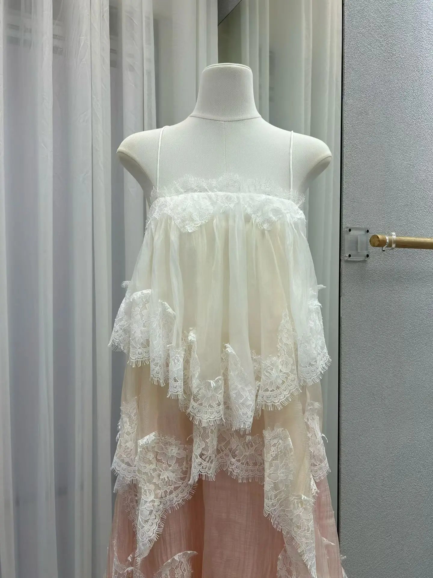 Lace Stitching Layered Ladies Sling Robe Backless Sleeveless High Waist Elegant Ladies Irregular Maxi Dress