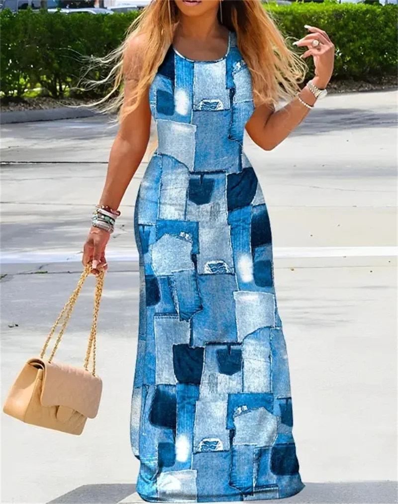 Women's Navy Blue Tie Dye Striped Maxi Dress with Sleeveless Bateau Neck and Flowy Long Skirt for Summer Beach Vacation Women's Navy Blue Tie Dye Striped Maxi Dress with Sleeveless Bateau Neck and Flowy Long Skirt for Summer Beach Vacation