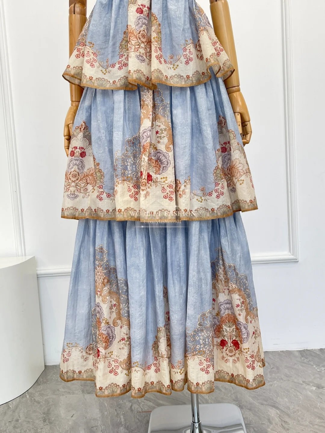 Blue Floral Print Sleeveless Cascading Backless Cross Back Midi Dress 2025 High Quality Attractive