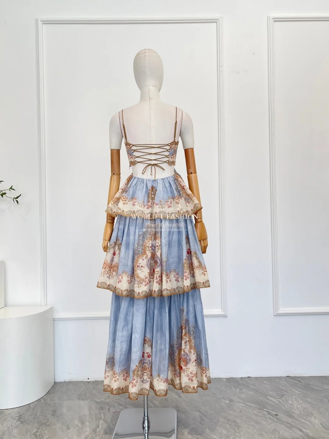 Blue Floral Print Sleeveless Cascading Backless Cross Back Midi Dress 2025 High Quality Attractive