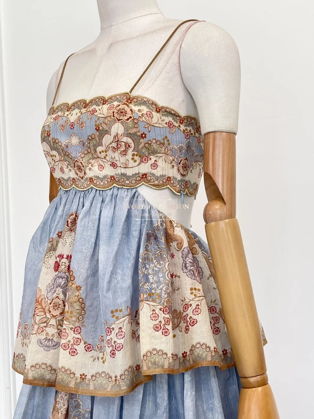 Blue Floral Print Sleeveless Cascading Backless Cross Back Midi Dress 2025 High Quality Attractive