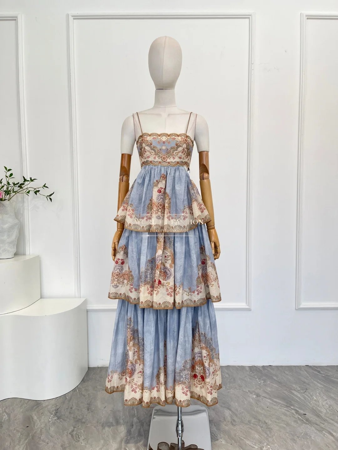 Blue Floral Print Sleeveless Cascading Backless Cross Back Midi Dress 2025 High Quality Attractive