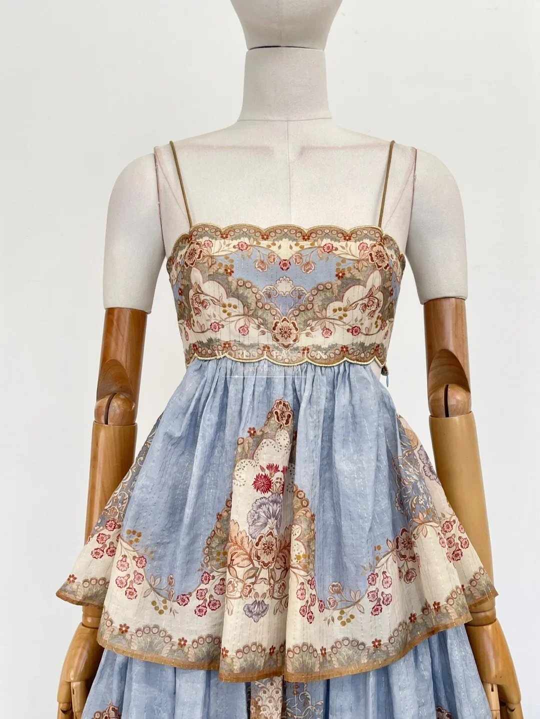 Blue Floral Print Sleeveless Cascading Backless Cross Back Midi Dress 2025 High Quality Attractive