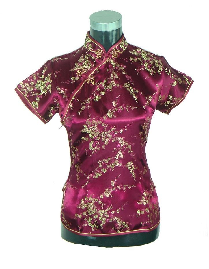Stylish Pink Traditional Chinese Silk Satin Blouse Women Summer Vintage Shirt Tops New Flower Clothing S M L XL XXL WS012