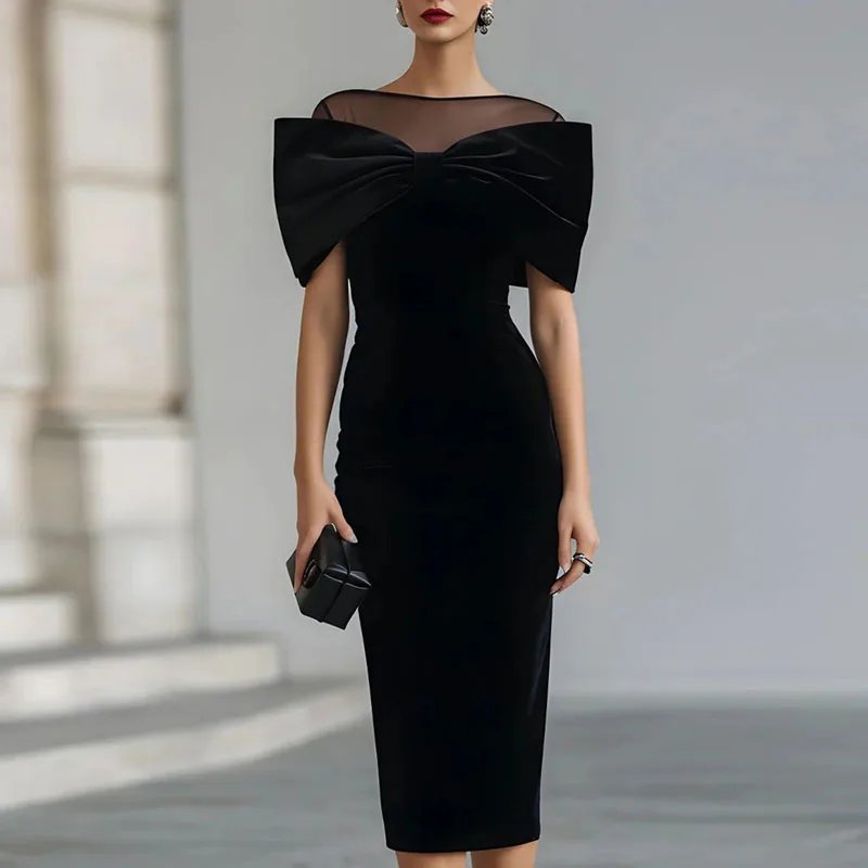 Sexy Sheer Neck Slim Fit Evening Cocktail Midi Dresses 2026 Spring Bowknot Velvet Bodycon Dress Elegant Zips Split Women's Dress