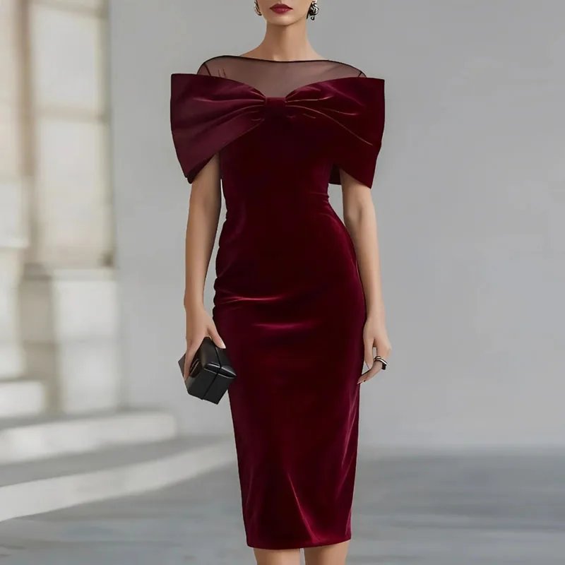 Sexy Sheer Neck Slim Fit Evening Cocktail Midi Dresses 2026 Spring Bowknot Velvet Bodycon Dress Elegant Zips Split Women's Dress