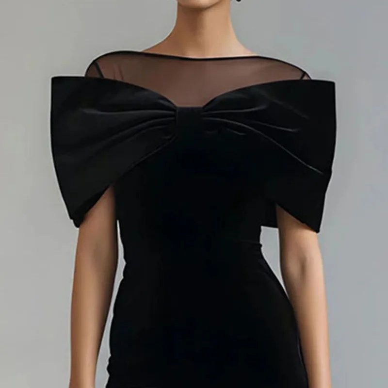 Sexy Sheer Neck Slim Fit Evening Cocktail Midi Dresses 2026 Spring Bowknot Velvet Bodycon Dress Elegant Zips Split Women's Dress