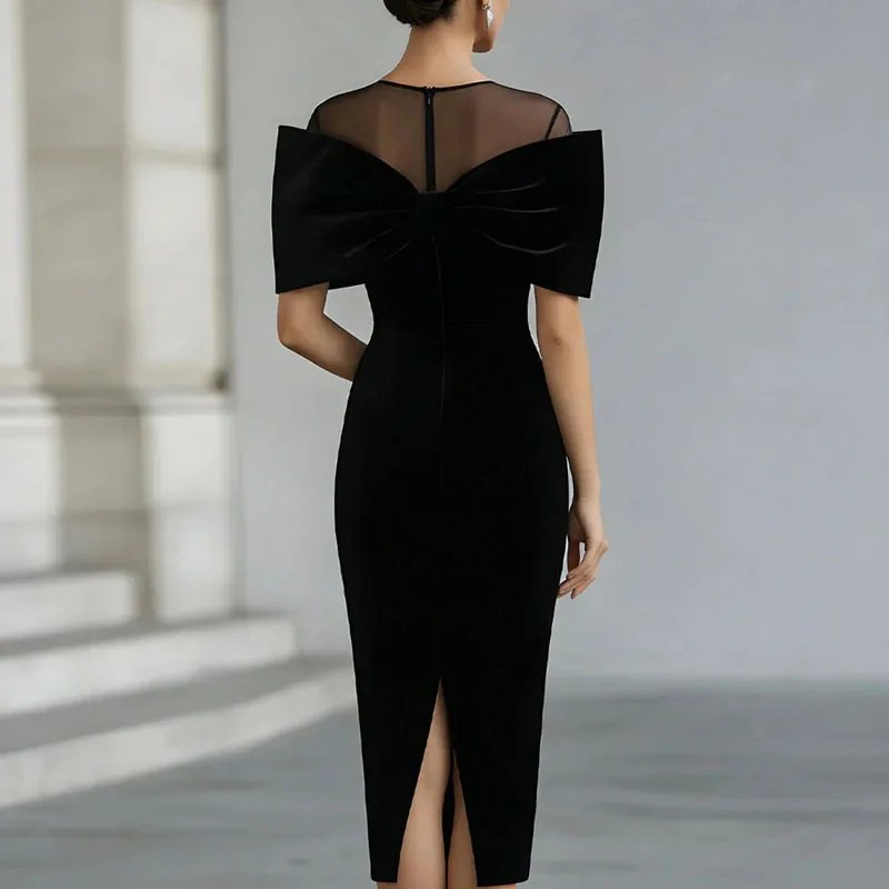Sexy Sheer Neck Slim Fit Evening Cocktail Midi Dresses 2026 Spring Bowknot Velvet Bodycon Dress Elegant Zips Split Women's Dress