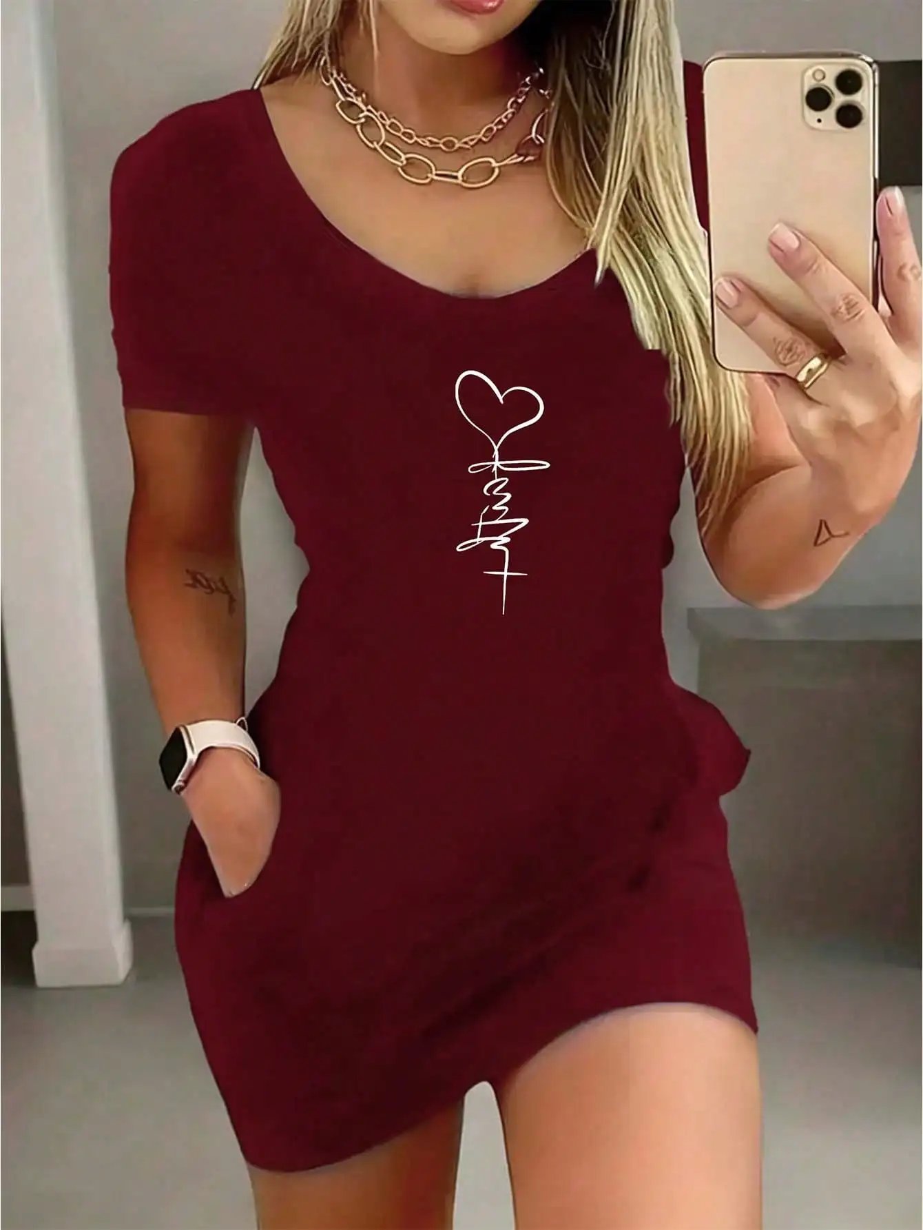 2026 new women's sexy heart-shaped round neck short sleeved dress and skirt, suitable for summer wear 2026 new women's sexy heart-shaped round neck short sleeved dress and skirt, suitable for summer wear