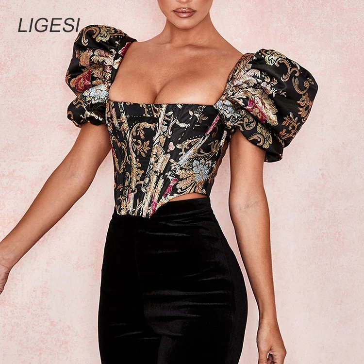 Embroidered floral black women blouse shirt Puff sleeve elegant party blouses tops Sexy bustier corset crop top