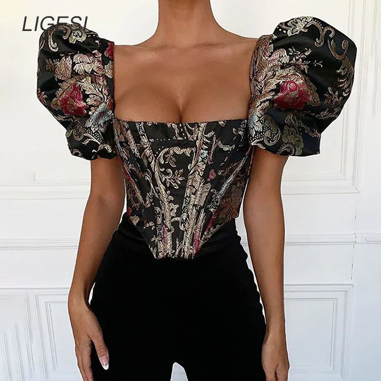Embroidered floral black women blouse shirt Puff sleeve elegant party blouses tops Sexy bustier corset crop top