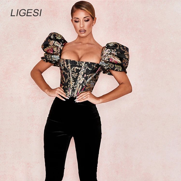 Embroidered floral black women blouse shirt Puff sleeve elegant party blouses tops Sexy bustier corset crop top