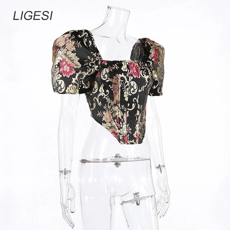 Embroidered floral black women blouse shirt Puff sleeve elegant party blouses tops Sexy bustier corset crop top