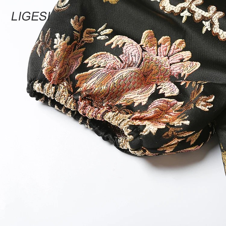 Embroidered floral black women blouse shirt Puff sleeve elegant party blouses tops Sexy bustier corset crop top