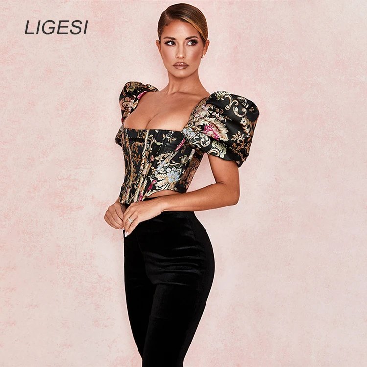 Embroidered floral black women blouse shirt Puff sleeve elegant party blouses tops Sexy bustier corset crop top