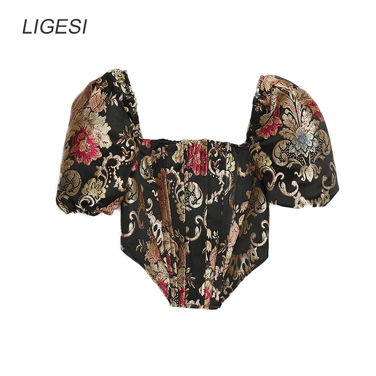 Embroidered floral black women blouse shirt Puff sleeve elegant party blouses tops Sexy bustier corset crop top