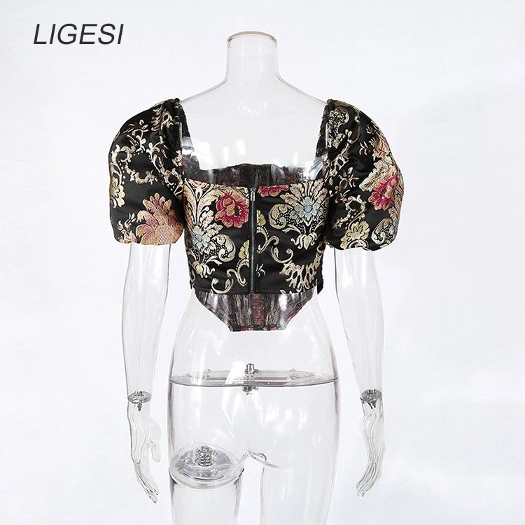 Embroidered floral black women blouse shirt Puff sleeve elegant party blouses tops Sexy bustier corset crop top